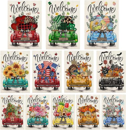 Rustic Truck Garden Flags for Outside Set of 12, Welcome Seasonal Garden Flags 12x18 Double Sided, Car Garden Flags for All Seasons and Holidays, Winter Spring Outside Decorations for Yard